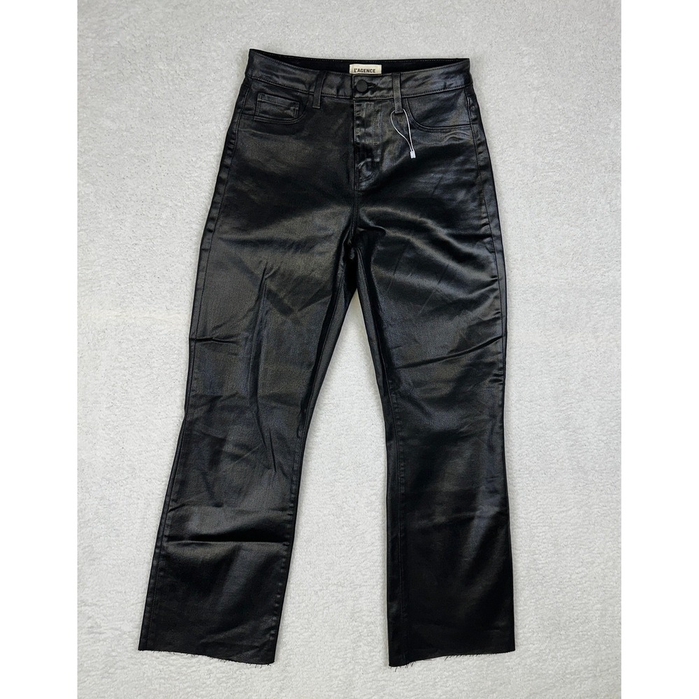 L'AGENCE Kendra $285 Women's Coated Jeans Black High Rise‎ Cropped Flare Size 26